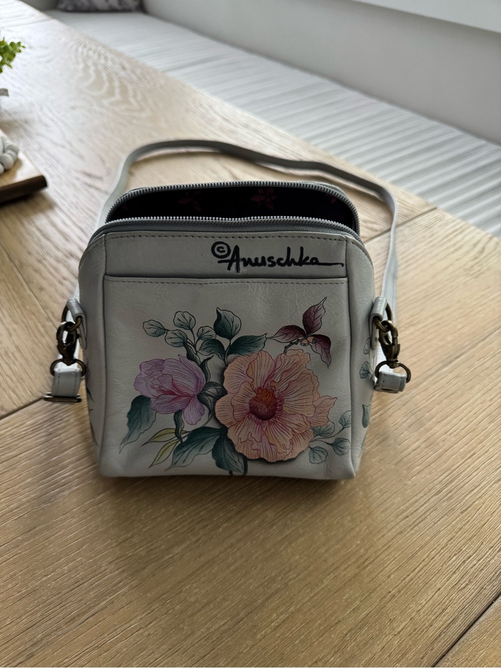 Anuschka Cream Leather Floral Crossbody Bag with Pastel Blooms
